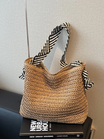 Bolso Tote De Paja De Gran Capacidad Para Mujer Con Correa A Rayas Bolso De Hombro Informal Para Vacaciones Playa