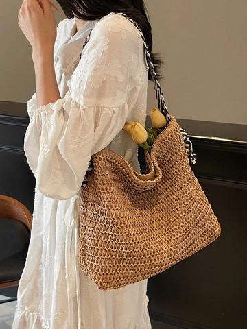 Bolso Tote De Paja De Gran Capacidad Para Mujer Con Correa A Rayas Bolso De Hombro Informal Para Vacaciones Playa