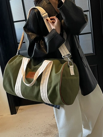 Sac de Voyage en Toile de Grande Capacité Sac de Sport Cylindrique Décontracté Écusson Simili Cuir pour Sport Extérieur Weekend