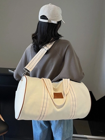 Sac de Voyage en Toile de Grande Capacité Sac de Sport Cylindrique Décontracté Écusson Simili Cuir pour Sport Extérieur Weekend