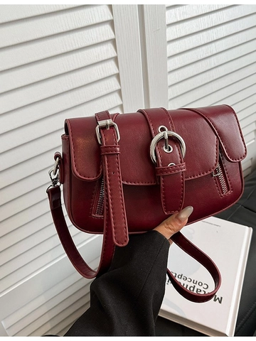 Bolso Bandolera de Cuero PU Vintage para Mujer Bolso de Hombro Cuadrado Retro Con Hebilla de Anillo y Cremalleras Decorativas
