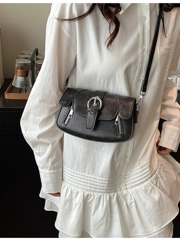 Bolso Bandolera de Cuero PU Vintage para Mujer Bolso de Hombro Cuadrado Retro Con Hebilla de Anillo y Cremalleras Decorativas
