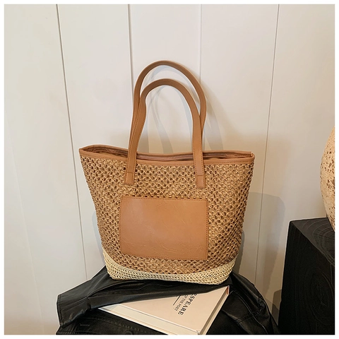 Sac Cabas Bohème en Paille Tissé Femmes Plage Été Sac à Épaule Patchwork Cuir Synthétique Vacances Main Grande Capacité