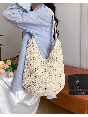 Handgehäkelte Baumwolle Schulter Tote Tasche Blumen Hohlmuster Gewebte Hobo Tasche Für Damen Casual Boho Strand Reisen Handtasche