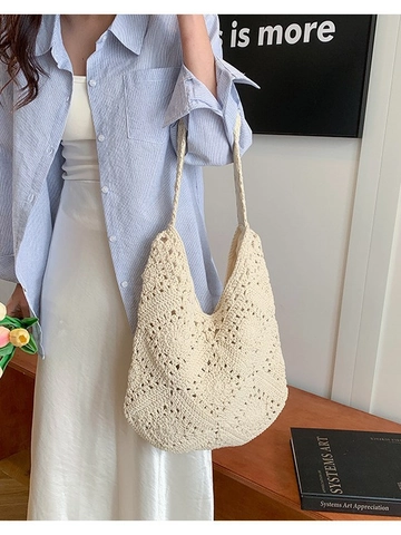 Handgehäkelte Baumwolle Schulter Tote Tasche Blumen Hohlmuster Gewebte Hobo Tasche Für Damen Casual Boho Strand Reisen Handtasche