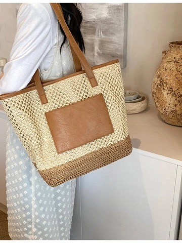 Damen Hohl Stroh Gewebte Tote Bag PU Leder Schultergurt Große Kapazität Strandurlaub Handtasche Lässige Einkaufstasche