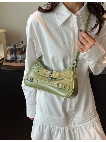 Damen Y2K Punk Umhängetasche PU Leder Vintage Achseltasche Mit Metallösen Und Schnallen Retro Cyberpunk Crossbody Tasche Mode