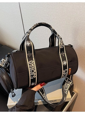 Women Cylinder Crossbody Bag Canvas Nylon Letter Print Strap With Mini Round Coin Purse Casual Daily Street Handbag For Ladies