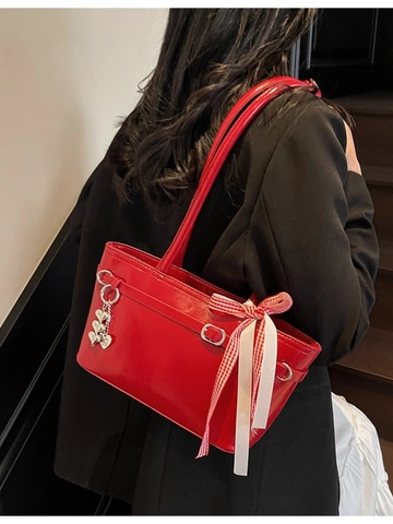 Fashion Glossy PU Leather Women Shoulder Bag Minimalist Large Capacity Underarm Bag With Bowknot Heart Pendant Commute Tote