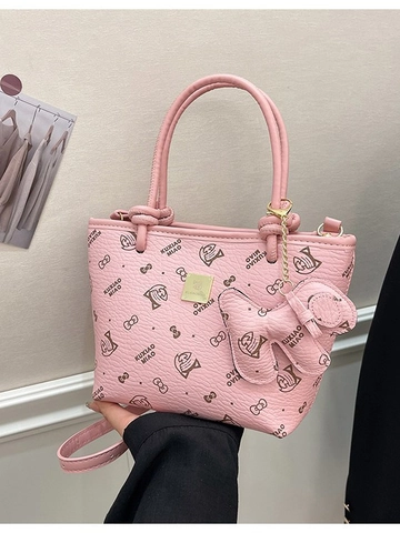 Women's Casual PU Leather Bucket Bag with Cartoon Cat and Bow Print Adjustable Shoulder Strap Fashion Crossbody Handbag
