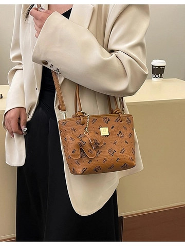 Women's Casual PU Leather Bucket Bag with Cartoon Cat and Bow Print Adjustable Shoulder Strap Fashion Crossbody Handbag