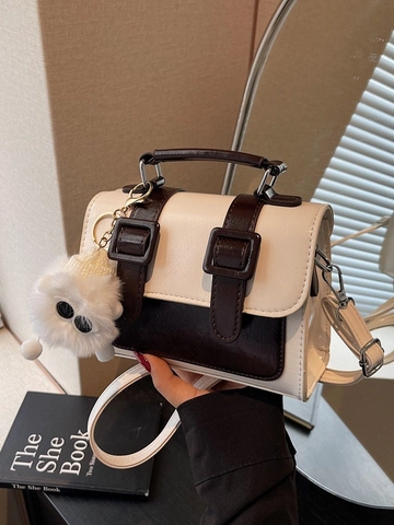 Borsa a Tracolla da Donna Vintage a Contrasto Colore in Pelle PU Piccola Borsa a Mano Quadrata Con Ciondolo Mostro di Peluche