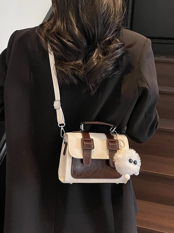 Borsa a Tracolla da Donna Vintage a Contrasto Colore in Pelle PU Piccola Borsa a Mano Quadrata Con Ciondolo Mostro di Peluche