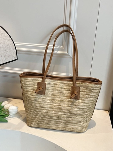Damen Große Kapazität Stroh Gewebt Tragetasche Sommer Strand Urlaub Schultertasche Mit PU-Leder Griff Knoten Detail Handtasche