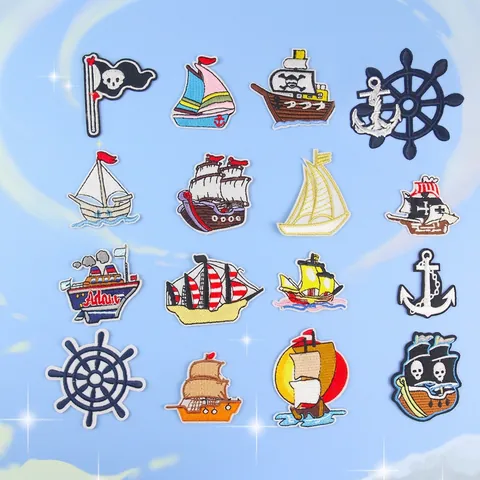Tema Nautico Barca A Vela Nave Pirata Ancora Timone Toppe Ricamate Termoadesive Applicazioni Decorative DIY Per Vestiti Borse Cappelli