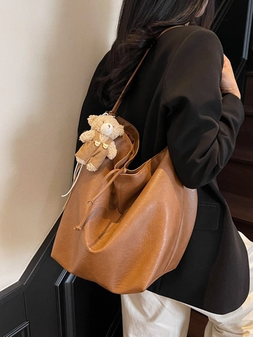 Bolso Tote de Cuero PU para Mujer Gran Capacidad Bolso de Hombro Vintage con Cordón Versátil Casual Escuela con Colgante de Oso de Peluche