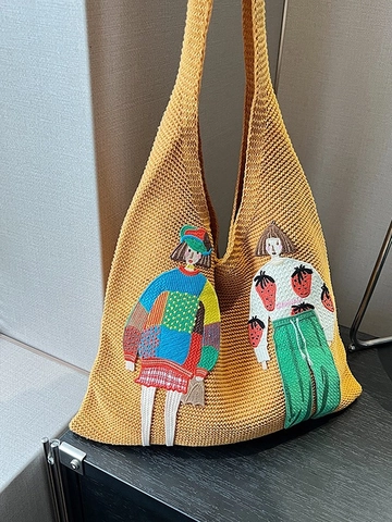 Women Knitted Shoulder Bag Large Capacity Tote With Character Strawberry Embroidery Korean Vintage Casual Daily Travel Bag