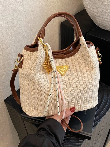 Damen Gewebte Stroh Eimertasche Sommer Strand Urlaub Umhängetasche Mit Metall-Dreieck-Detail Und Quasten-Dekor