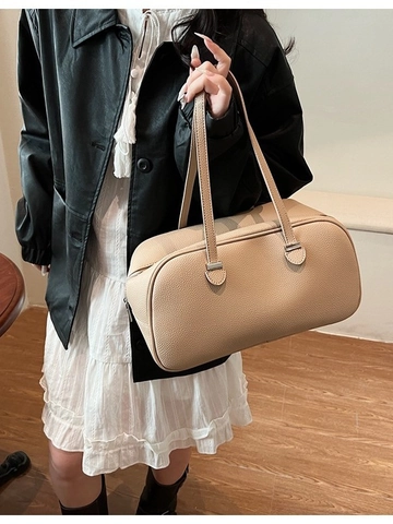 Damen Umhängetasche Mit Großer Kapazität Litschimuster PU-Leder Boston Kissen Tasche Für Das Pendeln Minimalistische Elegante Handtasche