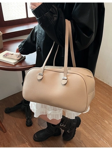 Damen Umhängetasche Mit Großer Kapazität Litschimuster PU-Leder Boston Kissen Tasche Für Das Pendeln Minimalistische Elegante Handtasche