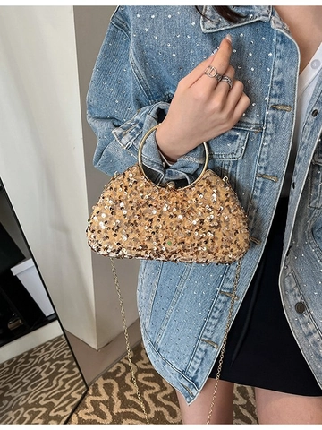 Luxurious Sequined Evening Bag For Women Metallic Ring Handle Cloud Oval Clutch Purse With Chain Strap Wedding Party Glamorous Bag