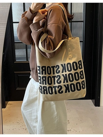 Women Minimalist Canvas Tote Bag Letter Print Large Capacity Shoulder Handbag For School Commute Work Shopping Travel