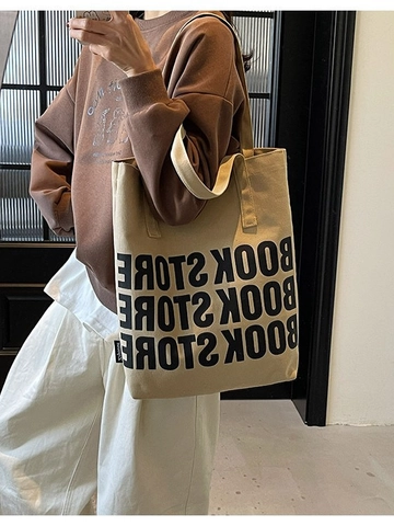 Women Minimalist Canvas Tote Bag Letter Print Large Capacity Shoulder Handbag For School Commute Work Shopping Travel