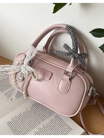 Women Korean Style PU Leather Boston Bowling Bag With Ribbon Handle Pearl Lace Heart Charm Elegant Crossbody Handbag