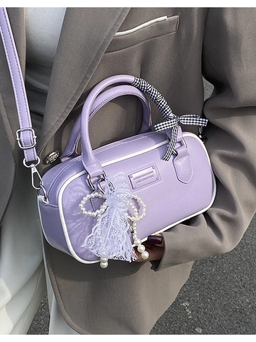 Women Korean Style PU Leather Boston Bowling Bag With Ribbon Handle Pearl Lace Heart Charm Elegant Crossbody Handbag
