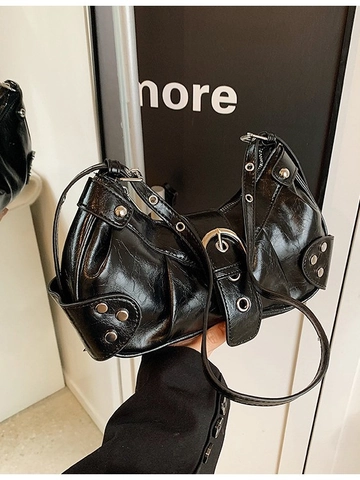 Y2K Retro Rivet Shoulder Bag For Women Fashion Baguette Bag Shiny PU Leather Hobo Crossbody Bag With Metal Buckles