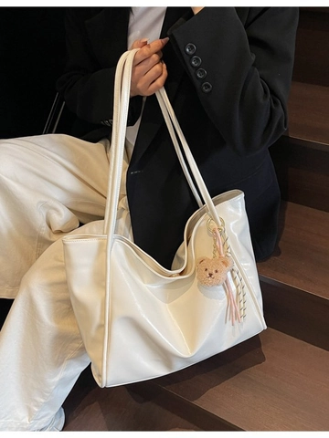 Borsa Tote da Donna Minimalista in Pelle PU Grande Capacità Borsa a Tracolla per Pendolarismo Quotidiano Ufficio Con Ciondolo Orsetto