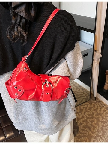 Y2K Retro Rivet Shoulder Bag For Women Fashion Baguette Bag Shiny PU Leather Hobo Crossbody Bag With Metal Buckles