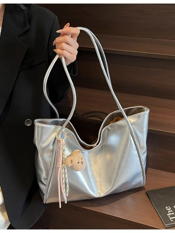 Borsa Tote da Donna Minimalista in Pelle PU Grande Capacità Borsa a Tracolla per Pendolarismo Quotidiano Ufficio Con Ciondolo Orsetto