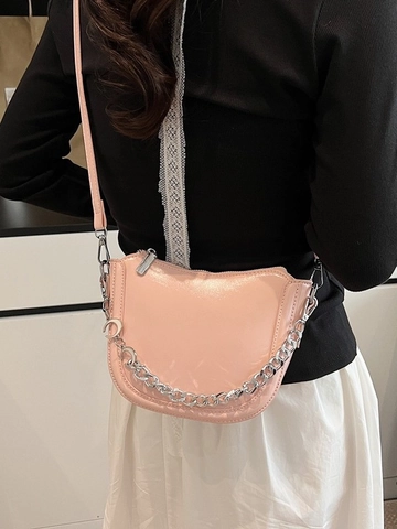 Damen Mode PU Leder Satteltasche Mit Silberner Kette Mond Anhänger Verstellbarer Schultergurt Reißverschluss Umhängetasche