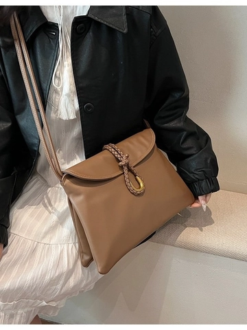Women Vintage PU Leather Crossbody Bag Fashion Woven Rope Decor Metal Buckle Shoulder Bag Commute Messenger Bag
