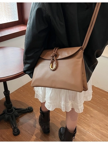 Women Vintage PU Leather Crossbody Bag Fashion Woven Rope Decor Metal Buckle Shoulder Bag Commute Messenger Bag