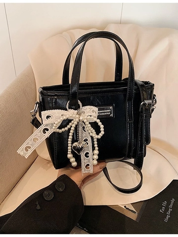 Sac à Main Femme Doux en Cuir PU avec Nœud en Dentelle Pendentif Cœur en Künstliche Perle Petit Sac Seau Bandoulière Mode Élégante