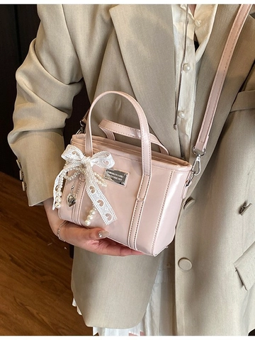 Sac à Main Femme Doux en Cuir PU avec Nœud en Dentelle Pendentif Cœur en Künstliche Perle Petit Sac Seau Bandoulière Mode Élégante
