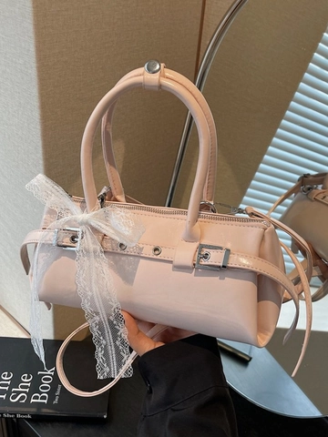 Damen Vintage Kunstleder Boston Tasche Mit Spitze Schleife Dekor Glänzend Kissen Handtasche Schulter Umhängetasche Für Alltag Party