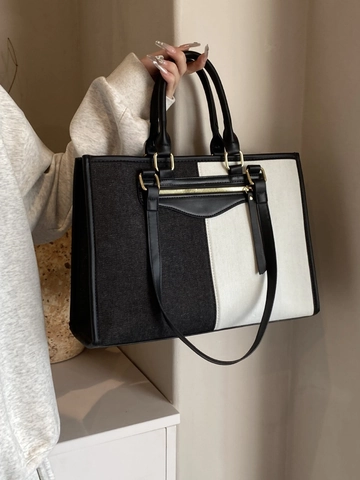 Bolso Tote de Denim para Mujer Color de Contraste Gran Capacidad Con Ribete de Cuero PU Cierre de Cremallera Bolso de Hombro