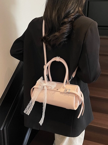 Damen Vintage Kunstleder Boston Tasche Mit Spitze Schleife Dekor Glänzend Kissen Handtasche Schulter Umhängetasche Für Alltag Party