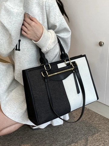 Bolso Tote de Denim para Mujer Color de Contraste Gran Capacidad Con Ribete de Cuero PU Cierre de Cremallera Bolso de Hombro