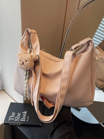 Women Large Capacity PU Leather Hobo Shoulder Bag Pleated Soft Tote Bag With Adorable Plush Bear Charm Versatile Handbag