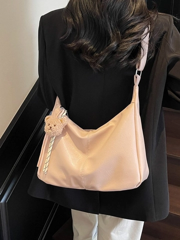Women Large Capacity PU Leather Hobo Shoulder Bag Pleated Soft Tote Bag With Adorable Plush Bear Charm Versatile Handbag