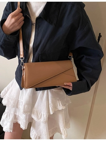 Bolso Baguette Vintage Minimalista de Cuero PU para Mujer Solapa Geométrica Bolso Bandolera Simple de Alta Gama Color Sólido Bolso de Moda