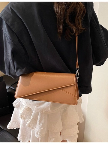 Bolso Baguette Vintage Minimalista de Cuero PU para Mujer Solapa Geométrica Bolso Bandolera Simple de Alta Gama Color Sólido Bolso de Moda