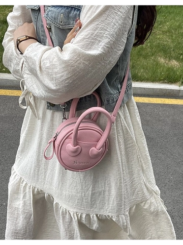 Women Round Mini Handbag PU Leather Litchi Grain Heart Design Small Crossbody Bag Fashion Circle Shoulder Bag For Ladies