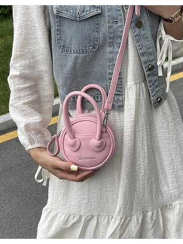 Women Round Mini Handbag PU Leather Litchi Grain Heart Design Small Crossbody Bag Fashion Circle Shoulder Bag For Ladies