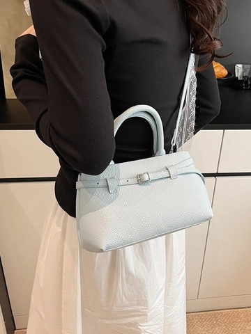 Women PU Leather Litchi Pattern Bucket Bag Large Capacity Commute Crossbody Shoulder Handbag Premium Metal Buckle Decor Top Handle Bag