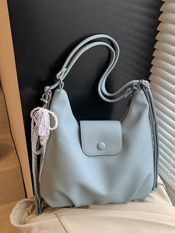 Bolso Tote de Gran Capacidad para Mujer Cuero PU Textura Lichi Moda Coreana Multiusos Bolso de Hombro Cruzado Mochila Con Colgantes de Lazo de Encaje y Perlas